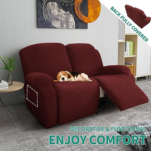 Image of YEMYHOM 6 Pieces Stretch Loveseat Recliner Slipcover Jacquard Recliner Sofa Cover with Side Pocket Fitted Recliner Cover Couch Furniture Protector with Elastic Bottom (Loveseat Recliner, Wine Red)