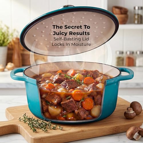 Image of Zulay Kitchen 7.7 Quart Enameled Cast Iron Dutch Oven Pot with Lid - Premium Durability & Oven Safe up to 500F - Heavy Duty Cookware Perfect for Bread Baking, Stews, Braising & Roasting - Light Blue