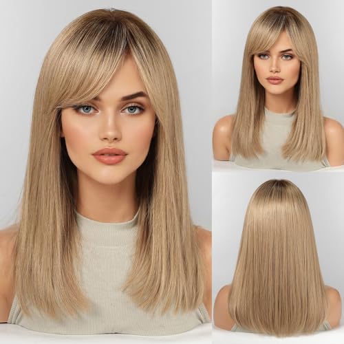 Image of KKU 16 Inch Ombre Ash Blonde Human Hair Wigs for Women, Straight Human Hair Wig with Bangs,Remy Human Hair Wigs,Daily Wig