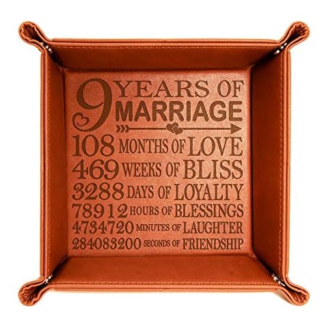 KATE POSH 9 Years of Marriage Engraved Leather Catchall Valet Tray, Our 9th Wedding Anniversary, 9 Years as Husband & Wife, Gifts for Her, for Him, for Couples (Rawhide) Cover