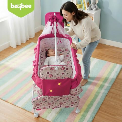 Image of BAYBEE Baby Cradle and Swing for Newborn Babies with Mosquito Net, Portable Jhula with 360 Wheel Lock, Sleeping Swing Bassinet, Uyyala Palna for 0-12 Months Boys & Girls (Purple)