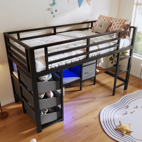 SUKY Cama de media altura, 90 x 200 cm, con cojín de asiento, cajón de almacenamiento de tela, bolsillo de almacenamiento de tela, zona de ganchos, iluminación LED multicolor, metal, sin colchón