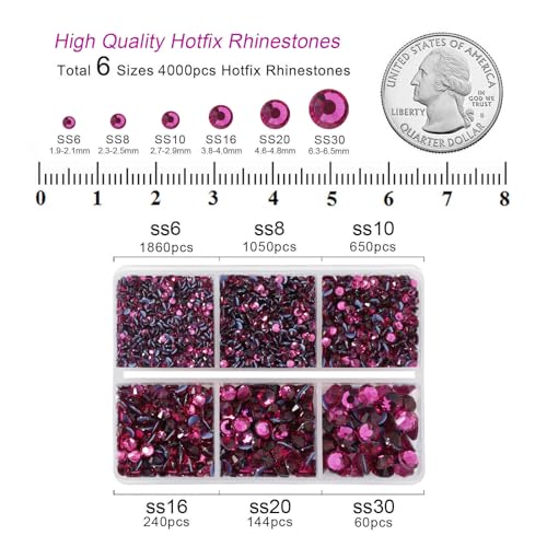 Image of BEADSLAND Hotfix Rhinestones, 4000 PCS Hot Pink Rhinestones for Clothes Crafts Mixed 6 Sizes with Wax Pencil and Tweezers Kit, SS6-SS30, Fuchsia