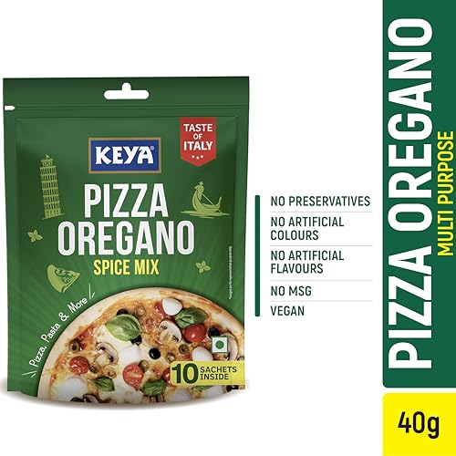 Image of Keya Pizza Oregano Multipack 40g | 10 sachets inside of (4 /4.5g) | Premium All Natural & Healthy Italian Spice Blend for Pizza, Pasta | Sprinkler | No Artificial Flavours and Colours | 40g