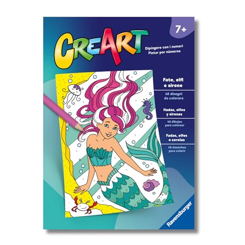 Ravensburger - CreArt: Libro da Colorare, Fate, elfi e sirene, Bambini 7 anni, dipingere con i numeri, giochi educativi e di viaggio