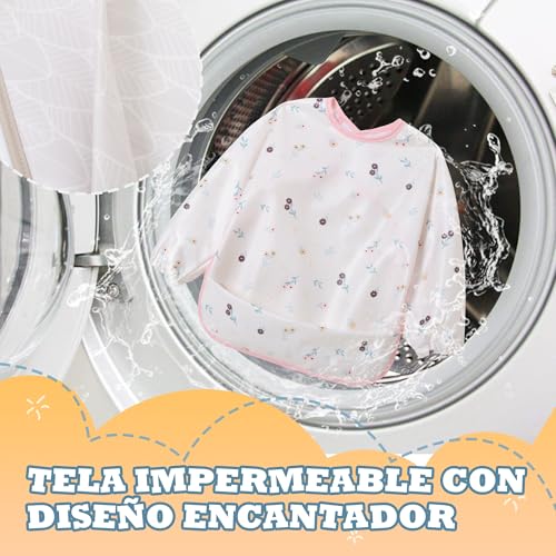 Miniatura 7 de Little Dimsum 2pcs Baberos Bebe Impermeables,Babero Con Mangas Impermeable,Babero De Manga Larga Con Escote Ajustable Para Bebes Unisex 0-3 Años Flores