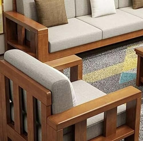 Image of Sheesham Wooden 5 Seater Sofa Set for Living Room | Rosewood 5 Seater Cushion Sofa Set for Home & Office | Solid Wood Sofa for Lounge (Natural Teak Finish, 3+1+1 Seater)