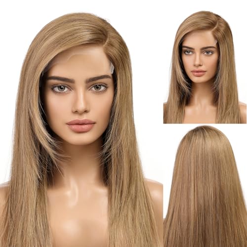 Image of KKU 18 Inch Brown and Gold Ombre Human Hair Wigs for Women,Human Hair Wigs With Bangs,Lace Front Wigs Human Hair