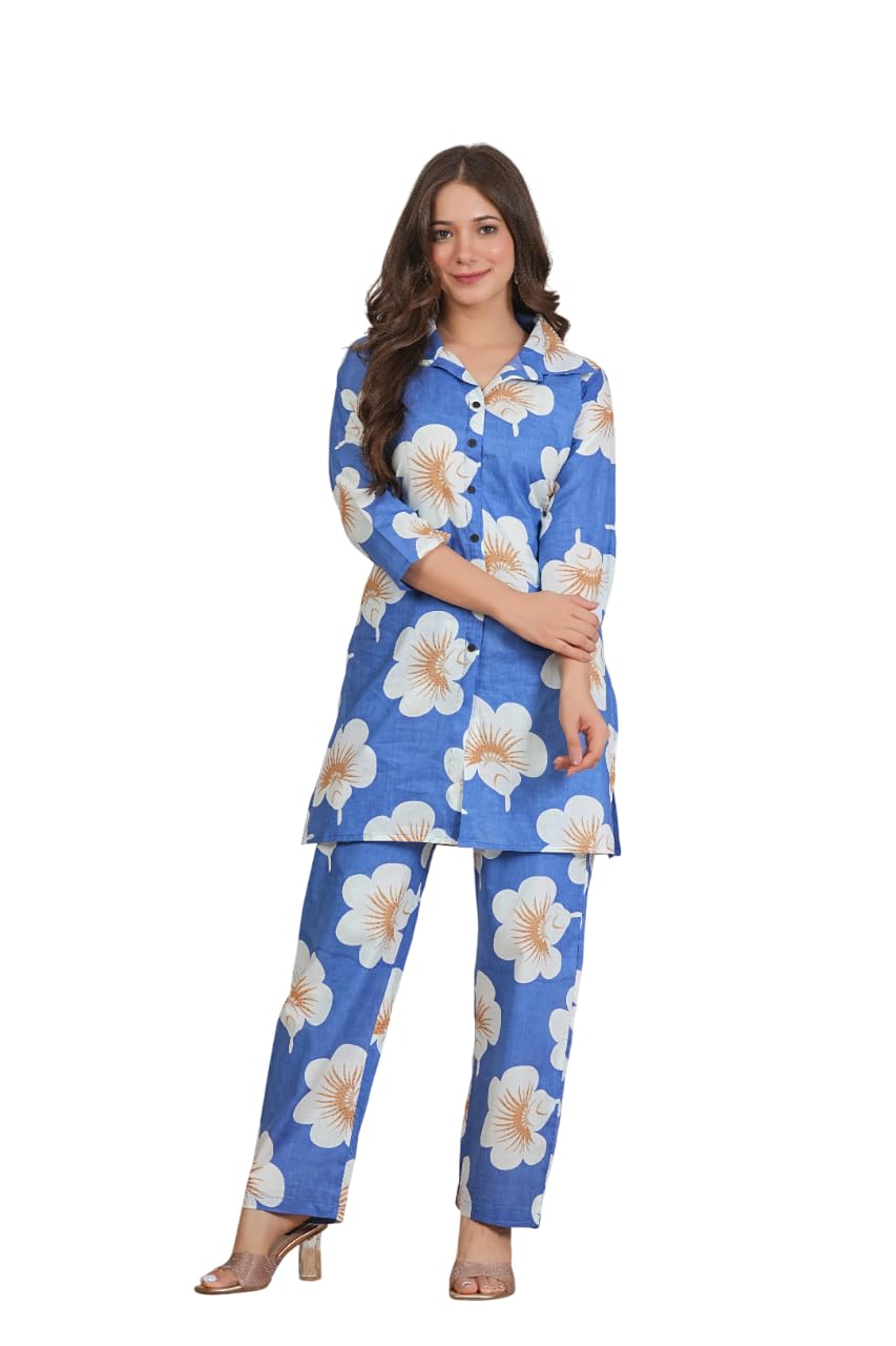 YUVVIK Women's Shirt Collar Kurta Pant Set | Blue Cotton Cord Set for Women | Floral Printed Short Kurti with Pants | Plus Size Kurta Set | Stylish Daily & Office Dress(S to 8XL)