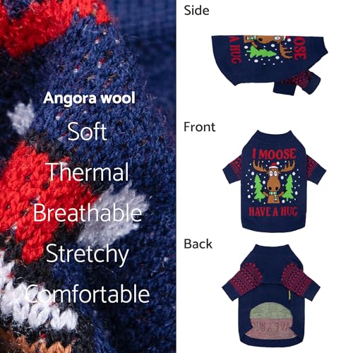 Image of Fitwarm Funny Moose Dog Ugly Christmas Sweater, Winter Dog Clothes for Small Dogs Girl Boy, Pet Xmas Outfit, Navy, Large