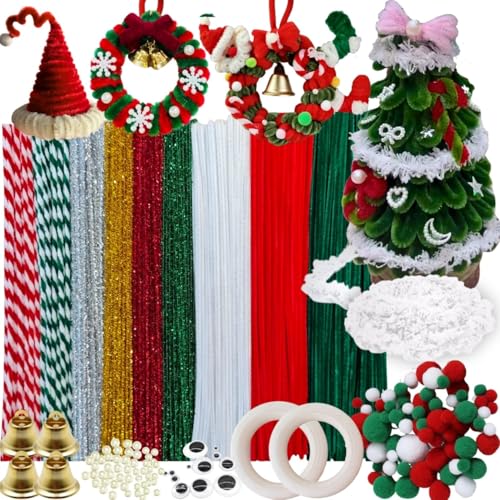 HanCheng Kit de cure-pipes de Noël avec 260 cure-pipes colorés en 9 couleurs,50 pompons,40 perles,10 yeux mobiles,4 petites clochettes,6 Cercle Bois,1 Laine