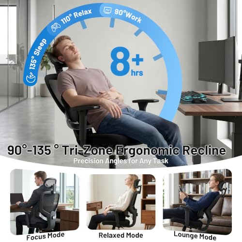 Image of Ergonomic Office Desk Chair, High Back Breathable Mesh Computer Chair, 3D Lumbar Support, 2D Headrest & 3D Armrests, 300lbs Heavy Duty Task Chair for Home Office Work Gaming, Black