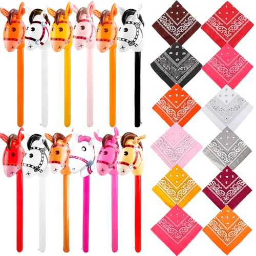 Sonarun Lot de 24 fournitures de fête de cowboy pour enfant comprenant 12 bâtons gonflables en forme de tête de cheval, 12 bandanas cachemire pour enfants, fête d'anniversaire occidentale, course de