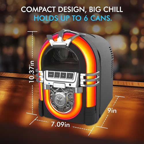 Proscan PM1S157 6-Can Mini Personal Fridge, Built in Portable Speaker Jukebox Design – Home, Office or Dorm, Bluetooth Beverage Cooler with Removable Shelf – AC and Car Dual Power Cords, Multicolour