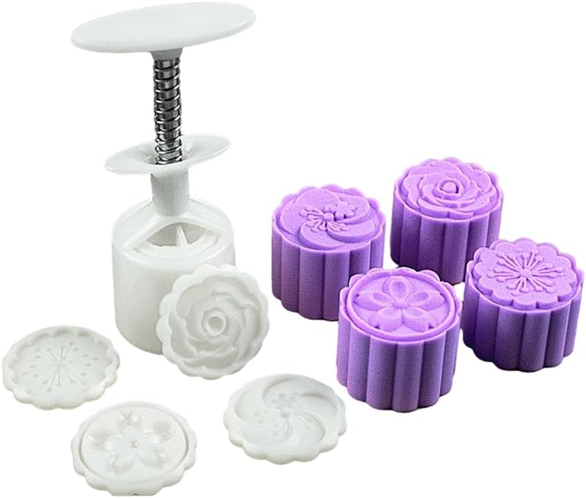 Mooncake Press Molds, Mooncake Mold with 4 Cookie Stamps,Flower Moon Cake Mold Press,Mid Autumn Festival Hand Pressure Mooncake DIY Tools for Cookies,Cutter Mold Hand Printing Fondant Dessert Mold