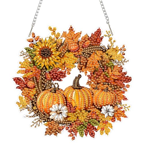 SENQAO Halloween Diamond Art Hanging Kits for Adults Beginners DIY Acrylic 5D Special Shaped Crystal Diamond Gem Art Painting Hanging Ornament for Home Wall Decor and GiftFall Pumpkin Wreath