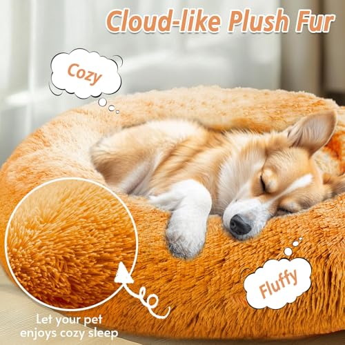 Image of JOLLYVOGUE Calming Dog Bed Medium Size Dog, Anti-Anxiety Donut Medium Pet Bed, 27 inches Fluffy Faux Fur Round Cat Bed (Orange)
