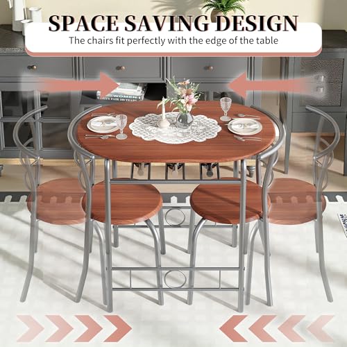 Image of VECELO 3-Piece Dining Table Set for Kitchen Breakfast Nook, Wood Grain Oval Tabletop and Metal Frame with Built-in Wine Rack, for Small Spaces, Brown & Silver