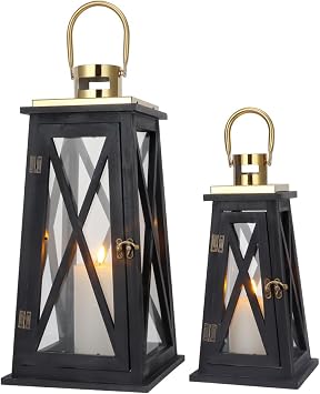 TRIROCKS Set of 2 Farmhouse Wood Candle Lantern 22 &15.5 H Decorative Candle Holders with Tempered Glass Rustic Hanging Lantern for Garden Patio Wedding Parties Indoor OutdoorBlack Trapezoid