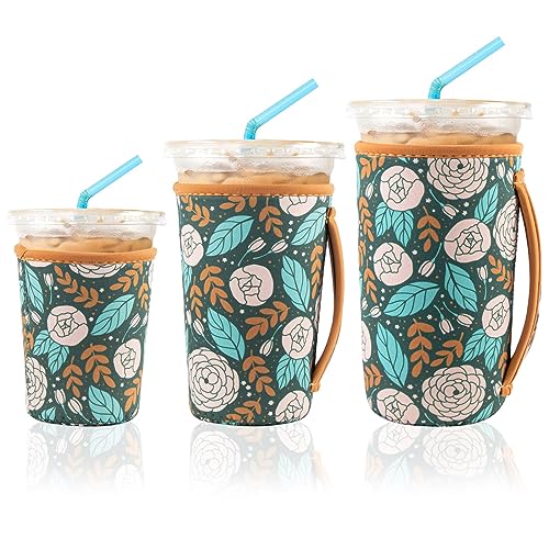 Image of KJQJLY 3 Pack Reusable Iced Coffee Sleeves for Iced Coffee Cups or Drinks Reusable Neoprene Insulated Sleeves for Hot and Cold Drinks from Starbucks, Dunkin, And More (Roses)