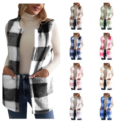 Sherpa Vest Outerwear Women Fuzzy Fleece Plaid Sleeveless Cardigan Winter Fashion Open Front Cute Jacket with Pocket