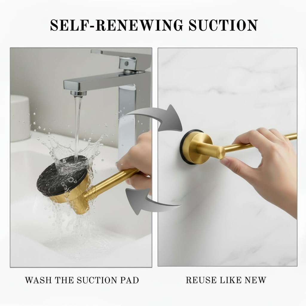Suction Cup Towel Bar 17-28 Inch Adjustable Retractable Stainless Steel Towel Rack for Bathroom, RV & Renters - No Drill Heavy Duty Wall Mounted Holder, Removable for Glass & Tile (1, Golden)