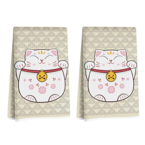 Image of 2 Pcs Cute Cat Kitchen Towels 14x24 Inch, Adorable Cats Waffle Hand Towels for Kitchen Home Farmhouse, Cat Lover Gifts for Cleaning Drying Wiping Tasks Dish Cloth Tea Towel Housewarming Gifts