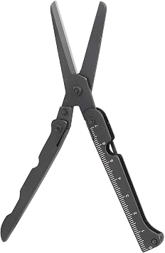 Compact 2-in-1 Foldable Scissors with Measuring Ruler - Stainless Steel, Lightweight, Portable for EDC, Camping, Survival, and Outdoors Black