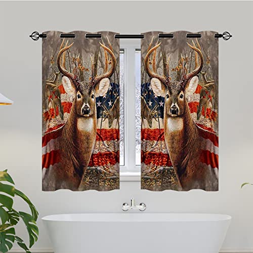 Anhope Deer Blackout Curtains, Camouflage Rustic Patriotic Deer Antler Forest Retro American Flag Print 3D Pattern Grommet Thermal Insulated Curtains For Bedroom Living Room 2 Panels W29.5 X L65 #TOP1