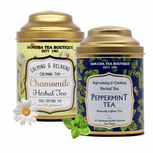 Image of Sancha Tea Boutique, Chamomile Flower (50g) & Peppermint Herbal Teas (25 Pyramid Bags), Caffeine Free Herbal Tisanes, Refreshing & Calming Drinks