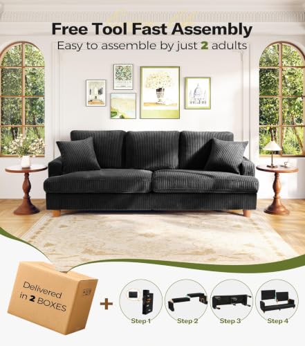 Image of Kidirect 87in Corduroy Couch, 3 Seater Sofa, Sofas & Couches, Black Couch