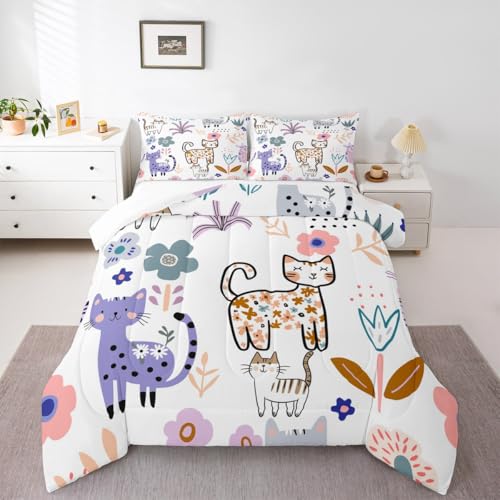 Image of Feelyou Cartoon Cat Comforter Set Full, Cute Kitten Comforter Set Cats and Flowers Comforter for Kids Boys Girls Teens Pet Cats Duvet Set Lightweight Quilt Set
