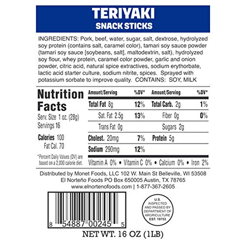 Bulk Teriyaki Meat Sticks - "One Pounder" Teriyaki Jerky Sticks by El Norteño - Low Carb, Low Sugar, Lower Sodium, Gluten Free, Made in the USA (1lb. Bulk Teriyaki Snack Sticks) - Thumbnail 6