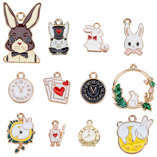 SUNNYCLUE 1 Box 24Pcs 12 Styles Easter Alice Pendants Gold Plated Rabbit Bunny Alarm Clock Poker Card Cartoon Fairy Tales Enamel Charms for Jewellery Making Crafts DIY Easter Day Gifts Accessories
