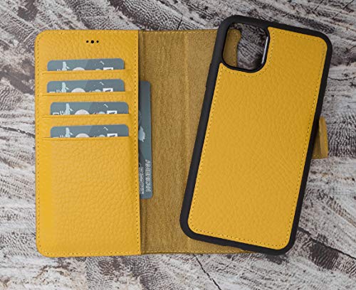 Ninecase Iphone 11 Pro 5.8" Yellow Slim Wallet Case Genuine Leather For Man Or Women Magnetic Detachable Luxury Flip Case For Iphone, Car Mount And Wireless Charge Compatible, Handmade (Yellow) #TOP5