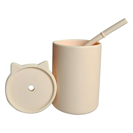 ESSENSI 2-in-1 Silicone Sipper Cup for Babies and Toddlers - Straw Lid, Leak-Proof, BPA-Free, Easy to Clean (Beige)