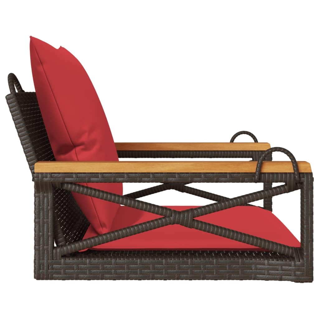 Poltrona sospesa da giardino e balcone, in rattan sintetico, con cuscino, telaio in acciaio verniciato a polvere, 63 x 62 x 40 cm, marrone (senza telaio e catene)