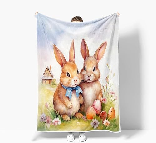 Miniatura 4 de MERCHR Manta de conejitos y flores de Pascua, manta de franela de vellón súper cálida y acogedora con estampado floral de primavera, para sala de
