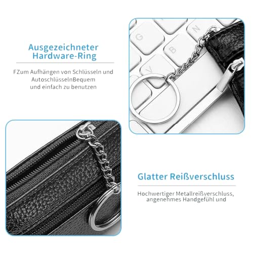 DJHUHN Schlüsseltasche Doppelschichtige Schlüsseletui PU Brieftasche 11,5 x 7,5 x 1,3cm Kartenflug Kleingeld Schlüssel mit Reißverschluss für Männer Frauen Unisex (Schwarz)