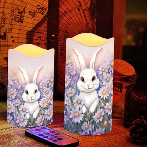 Image of Easter Bunny Daisy Plastic Flameless Candles with Remote Control and Timer LED Flickering Battery Operated Color Changing Electric Pillar Candles Easter Decoration