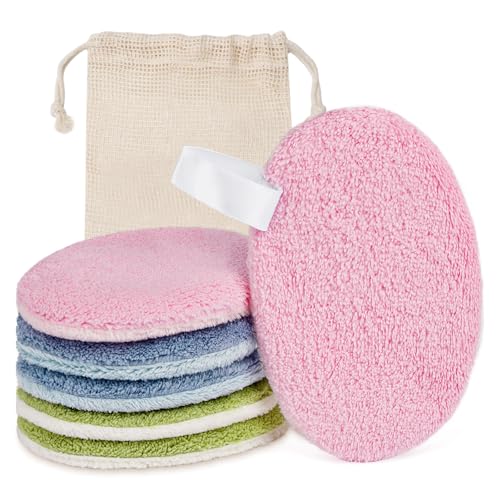 LOPHE Reusable Makeup Remover Pads, 6 Pack Ultra-Soft Coral Fleece Facial Cleansing Pads with Hanging Loop & Travel Bag, Gentle Washable Hypoallergenic Face Pads for All Skin Types (Blue,Green, Pink)