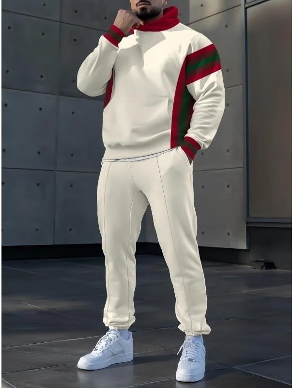 Men's color blocked hooded sweatpants set, loose printed pullover, jogging two-piece set