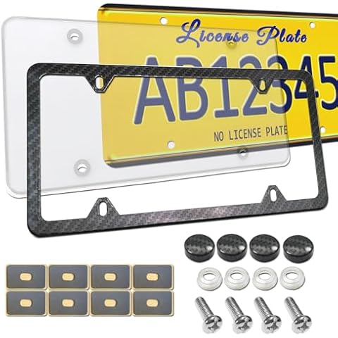 FBJTDQ License Plate Cover Frame Combo- Carbon Fiber License Plate Frame and Flat Clear Cover, Novelty Unbreakable Car Tag Protector for US Plate, with Rust Resistant Screws Caps, Rattle Proof Pads Cover
