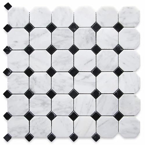 Stone Center Online Carrara White Marble 2 Inch Octagon Mosaic Tile W/Nero Marquina Black Dots Polished Kitchen Bath Wall Floor Backsplash Shower (1 Sheet) #TOP18