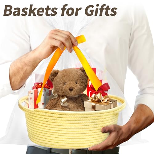 Image of Pro Goleem Small Woven Basket with Gift Bags and Ribbons Durable Baskets for Gifts Empty Small Rope Basket for Storage 12 inchX 8 inch X 5 inch Baby Toy Basket with Handles, Yellow