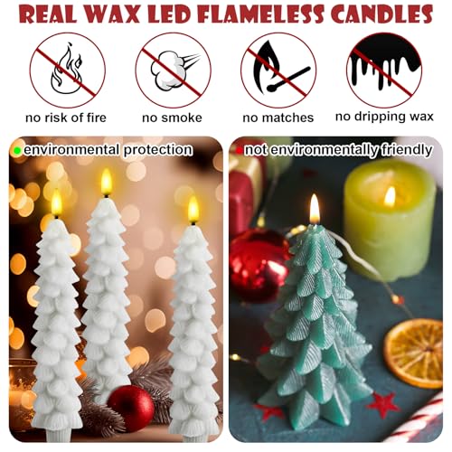 Image of Funtery 6 Pcs LED Christmas Tree Flameless Taper Candles Real Wax Battery Operated Candlestick Lights with 3D Flame and Remote Timer Window Fireplace(White,Christmas Tree)