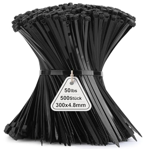 500 Stück Kabelbinder Schwarz 12in, 300mm x 4,8mm Nylonbinder, Cable Ties Zugfestigkeit mit 22 kg, Uv Beständig Kabel binder Zip, Selbstsicherndes Industrie Cable Ties fur Kabelmanagement