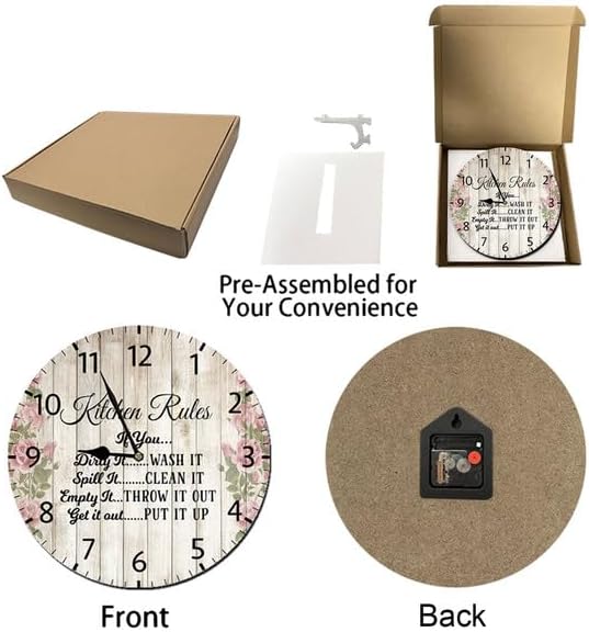Miniatura 5 de Kitchen Rules - Reloj de pared de madera vintage con pilas, sin tictac, 10 pulgadas, arte silencioso, reloj de madera rústica para el hogar,