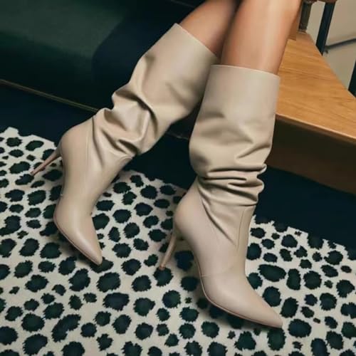 Stiletto heels Pleated boots Beige Knee high boots ladies Pointed toe shoes 9cm heels Slip on brown booties for woman gold silver boots Pull On Slouchy tan Dressy fall boots3
