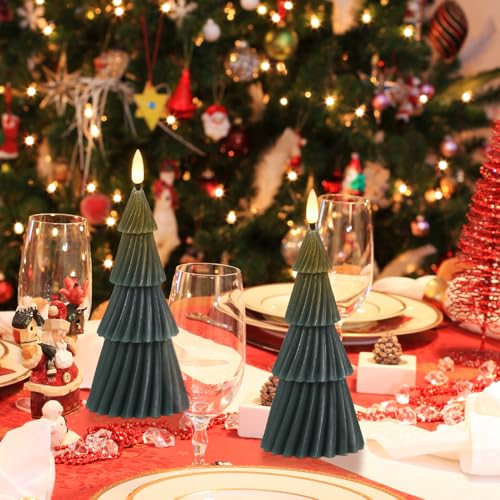 Image of Wondise Christmas Tree Flameless Candles with 6hrs Timer, Real Wax Battery Operated 3D Wick LED Candles Flameless Flickering Candles for Christmas Holiday Decor (2 pcs 3 inch x 7.1 inch)